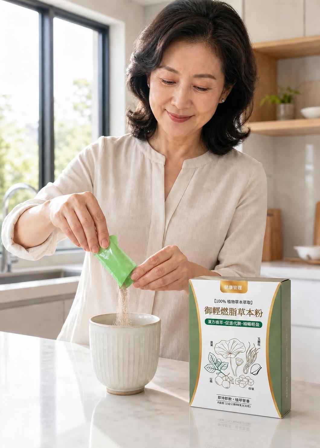 使用綠色隨身包沖泡御輕燃脂草本粉